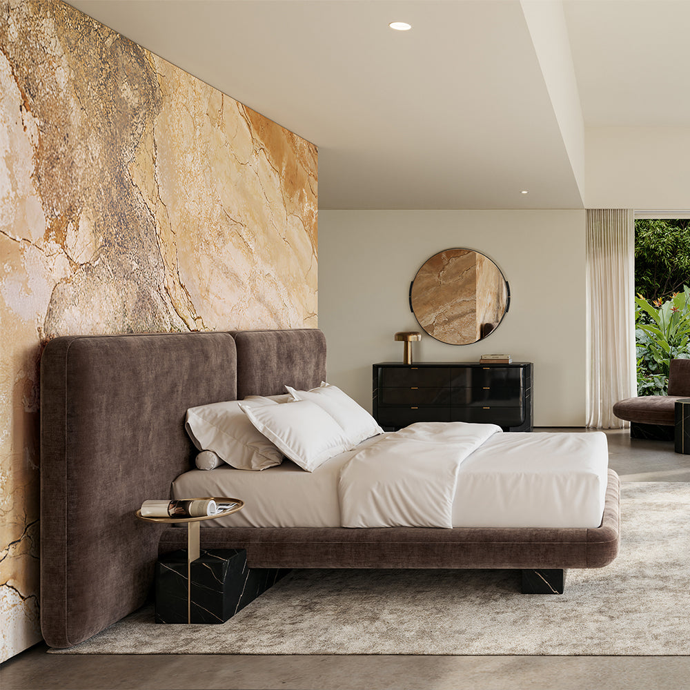 OVERLAP UPHOLSTERED 2 PANEL KING BED DARK TAUPE