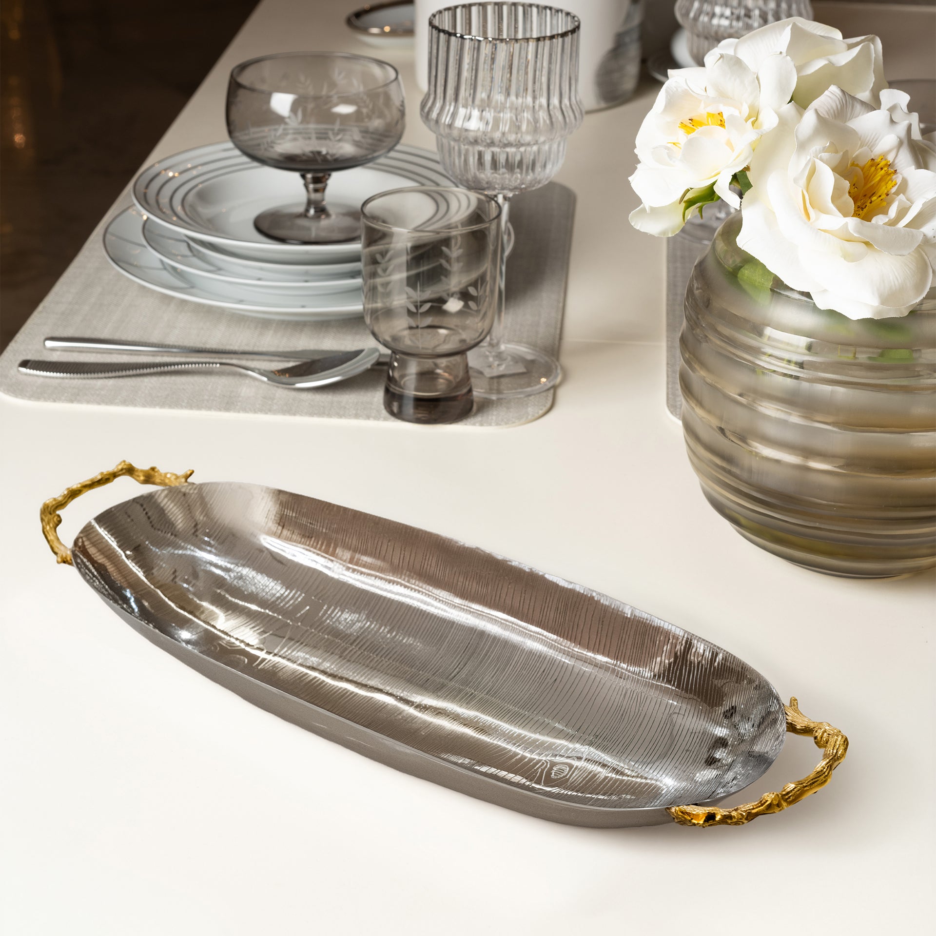 DISH OVAL LONG W/WOODEN ETCH W/WOODEN HANDLE