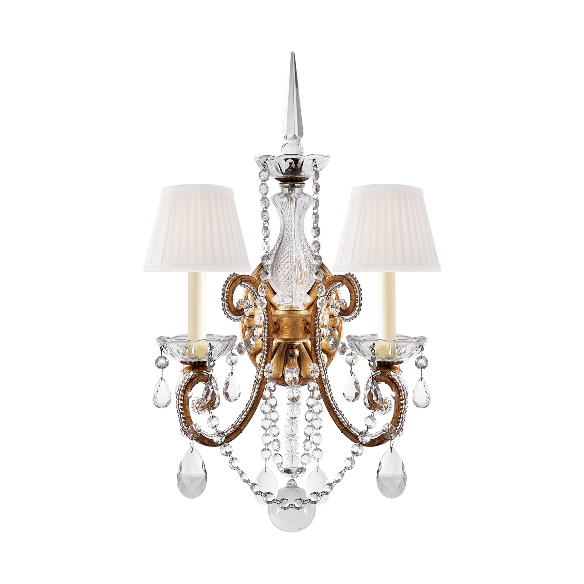 ADRIANNA DOUBLE SCONCE IN GOLDED IRON AND CRYSTAL WITH SILK SHADES