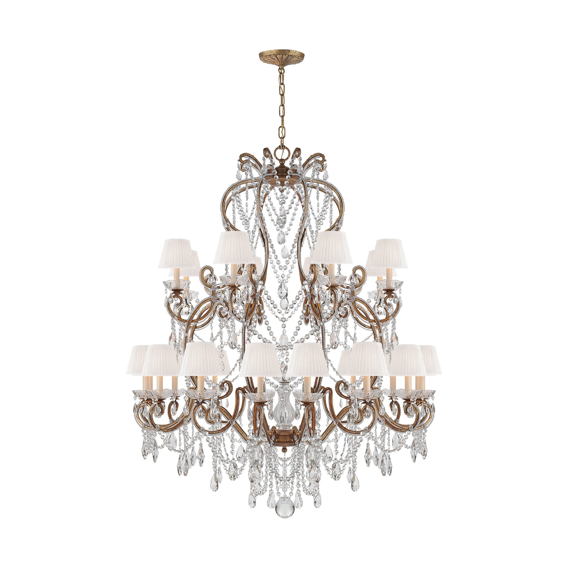 ADRIANNA LARGE CHANDELIER IN GOLDED IRON AND CRYSTAL WITH SILK SHADES